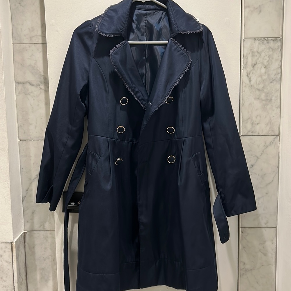 Vintage navy blue satin trench coat size small!